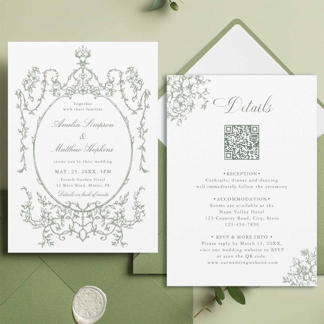 Invitation Tout en un cadre Floral Mariage vert (Front & Back)