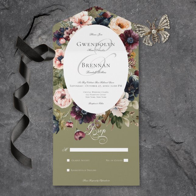 Invitation Tout En Un Cadre floral ovale foncé Moody Vert Pas de dîner (Dark Moody Green Oval Floral Frame No Dinner All In One Invitation)