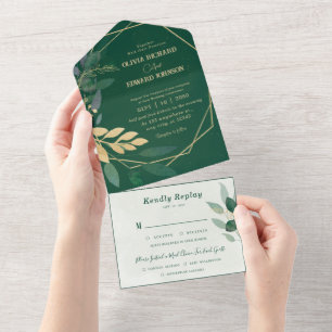Invitation Tout En Un Cadre géométrique or et vert avec Mariage Rsvp