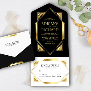 Invitation Tout En Un Cadre Hexagone Noir et Or Feuille Art Déco Mariage