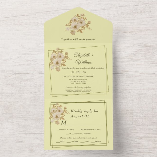 Invitation Tout En Un Cadre rose - Mariage jaune céleste (À l'intérieur)