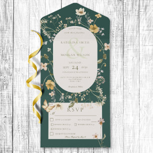 Invitation Tout En Un Cadre Rustique Fleur sauvage Emerald Green Trois D