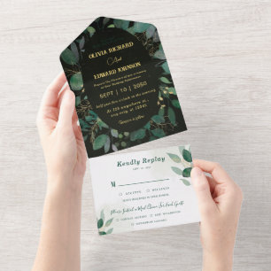 Invitation Tout En Un Cadre verdoyant avec or Rsvp et Mariage noir