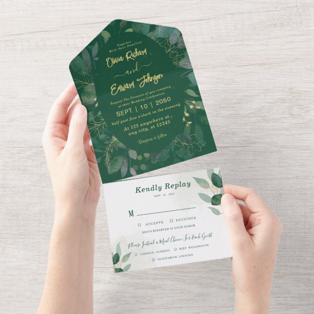 Invitation Tout En Un Cadre verdoyant avec or Rsvp et Mariage vert (Déchirure)