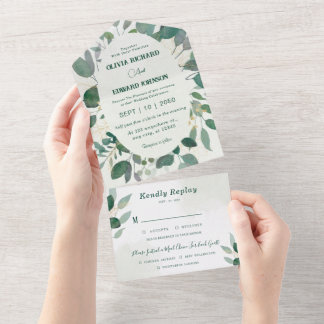 Invitation Tout En Un Cadre verdoyant et feuilles or avec Mariage Rsvp