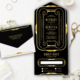 Invitation Tout En Un Cadre Vintage Noir et Or Feuille Art Déco Mariage