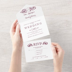 Invitation Tout En Un Cadres floraux bordeaux initiales mariage blanc
