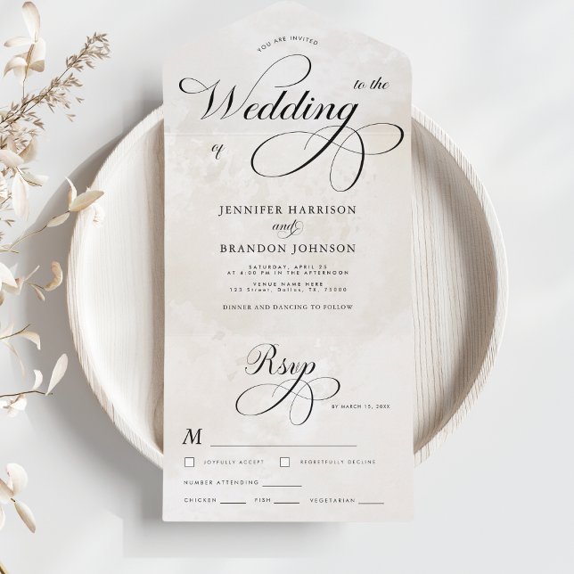 Invitation Tout En Un Calligraphie classique Marbre Classy Mariage éléga (Créateur téléchargé)