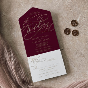 Invitation Tout En Un Calligraphie D'Or Romantique Bourgogne Le Mariage 