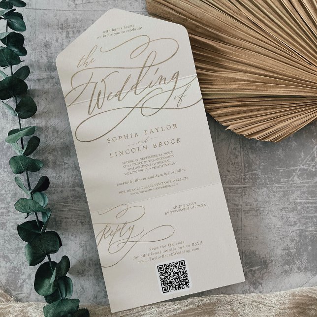 Invitation Tout En Un Calligraphie d'or romantique | Mariage de code QR  (Créateur téléchargé)