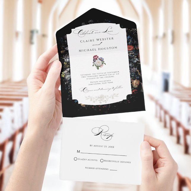 Invitation Tout En Un Calligraphie florale noire (Créateur téléchargé)