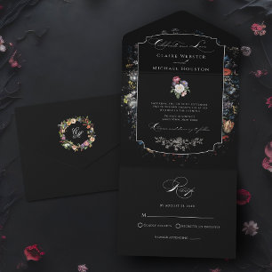 Invitation Tout En Un Calligraphie florale noire