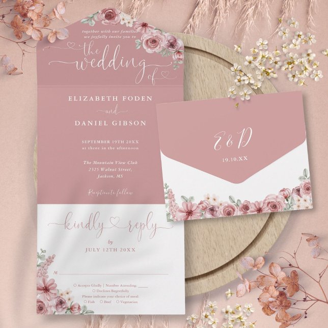 Invitation Tout En Un Calligraphie Florale Script Rose Poussiéreuse Mari (Floral Calligraphy Script Dusty Rose Wedding All In One Invitation)