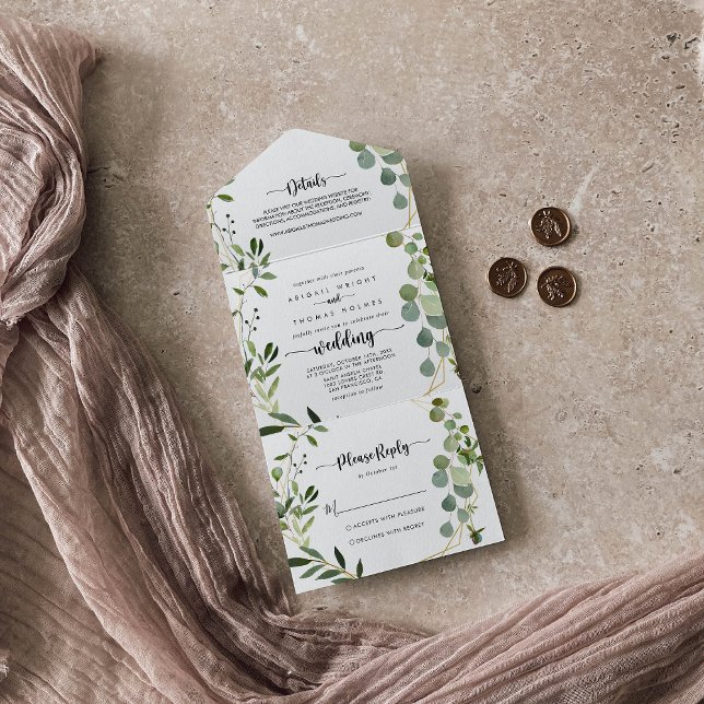 Invitation Tout En Un Calligraphie géométrique or Eucalyptus Mariage (Créateur téléchargé)