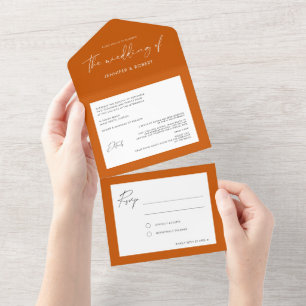 Invitation Tout En Un Calligraphie moderne Solid Burnt Orange Mariage