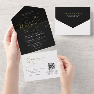 Invitation Tout En Un Calligraphie noir blanc or QR Code Mariage