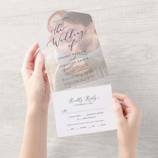 Invitation Tout En Un Calligraphie noire délicate | Mariage photo (Déchirure)