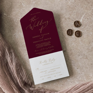 Invitation Tout En Un Calligraphie Or Délicate   Mariage Bourgogne