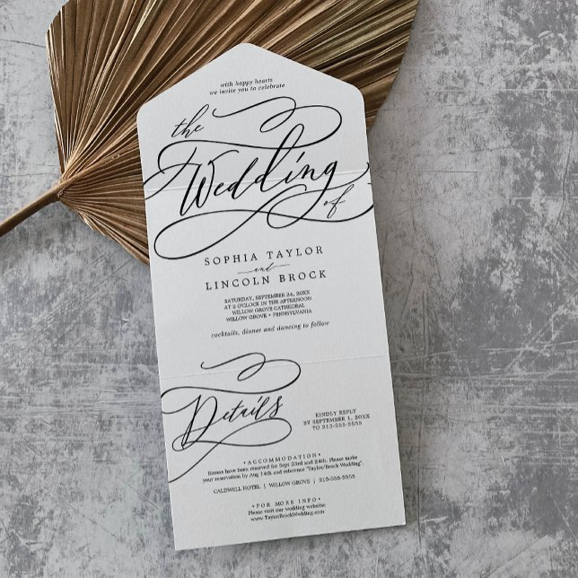 Invitation Tout En Un Calligraphie romantique Détails élégants Mariage R (Romantic Calligraphy Elegant Details RSVP Wedding All In One Invitation)
