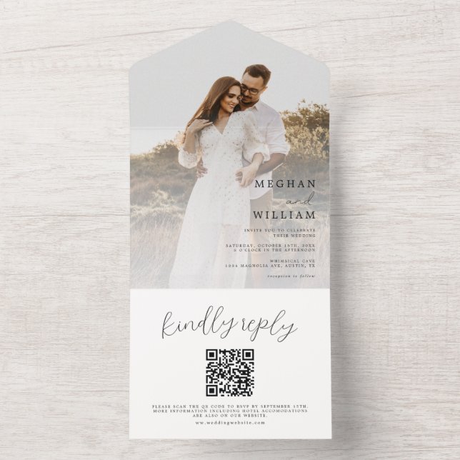 Invitation Tout En Un Calligraphie rustique Mariage photo Qr Code (À l'intérieur)