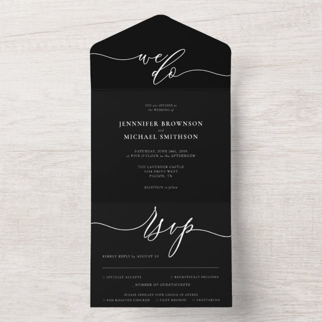 Invitation Tout En Un Calligraphie simple Mariage noir (À l'intérieur)