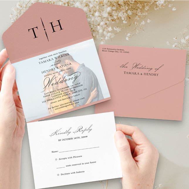 Invitation Tout En Un Calligraphie simple Rose photo or Mariage RSVP (Créateur téléchargé)