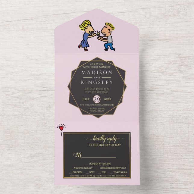 Invitation Tout En Un Caricature originale drôle Cute Couple (À l'intérieur)