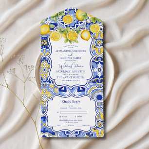 Invitation Tout En Un Carreaux bleus Citrons Mariage