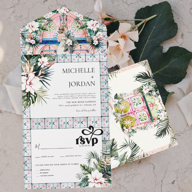 Invitation Tout En Un Carreaux floraux | Mariage tropical marocain (Créateur téléchargé)