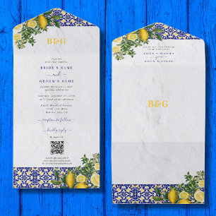 Invitation Tout En Un Carrelage bleu blanc jaune méditerranéen Mariage c