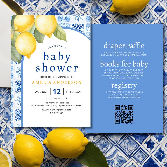 Invitation Tout en un Carrelage bleu italien Baby shower citr (Créateur téléchargé)