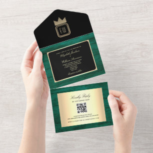 Invitation Tout En Un Carton de Mariage Monogramme Or Noir Vert Émeraude