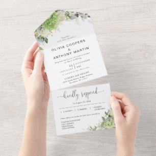 Invitation Tout En Un Carton d'invitation de mariage aux hortensias vert