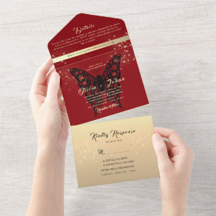Invitation Tout En Un Carton d'invitation tout-en-un Papillon Rouge Élég