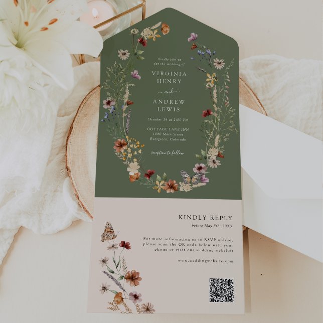 Invitation Tout En Un Carton d'invitation tout-en-un Sage Boho QR Code (Boho Sage Boho Wildflower QR Code All In One with Butterfly Invite by Painted Paperie
)
