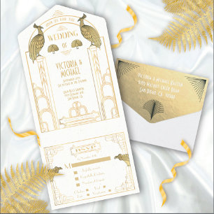 Invitation Tout En Un Cartons d'invitation de mariage Art Déco Paon Or e
