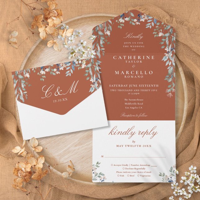 Invitation Tout En Un Cascade de verdure florale Mariage Terracotta (Floral Greenery Cascade Terracotta Wedding All In One Invitation)