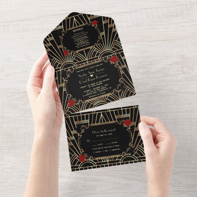 Invitation Tout En Un Casino Gold Black Gatsby 20s Art Deco Wedding   (Déchirure)