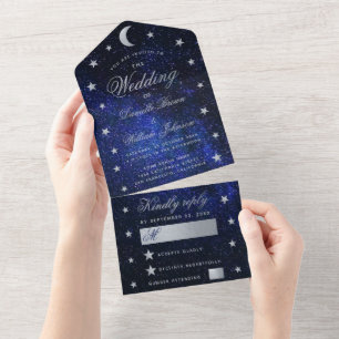 Invitation Tout En Un Céleste Mariage Élégant Bleu Argent Étoiles Lune