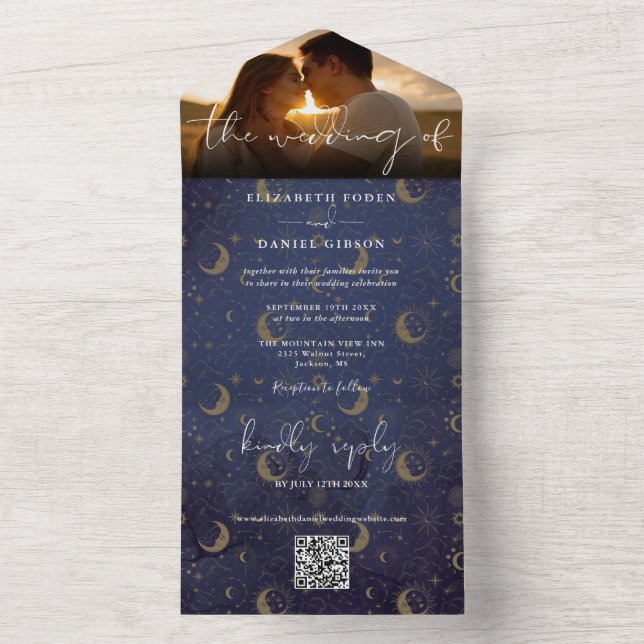 Invitation Tout En Un Céleste mystique QR Code Mariage Photo (À l'intérieur)