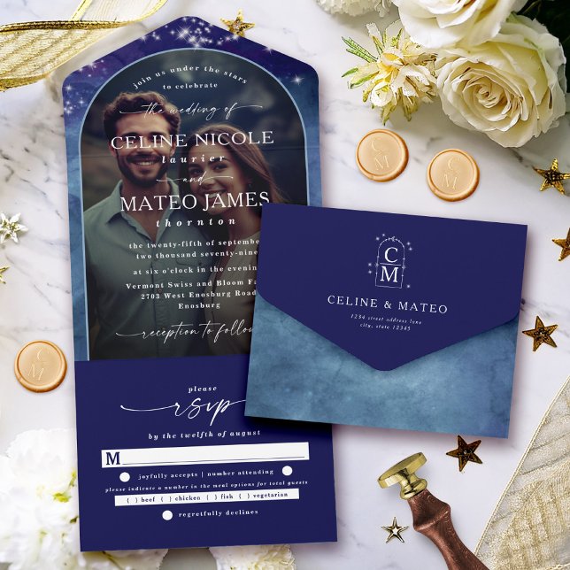 Invitation Tout En Un Céline ・ Céleste Nuit étoile Ciel Photo personnali (Make your wedding planning easy and elegant with the Celine all-in-one invitation and RSVP card!)