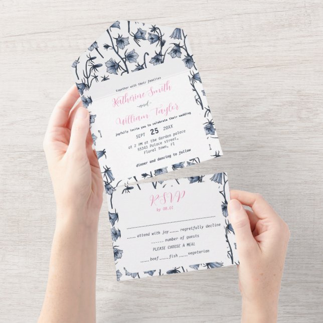 Invitation Tout En Un Cellules bleues, Cloches, Bellflowers (Déchirure)