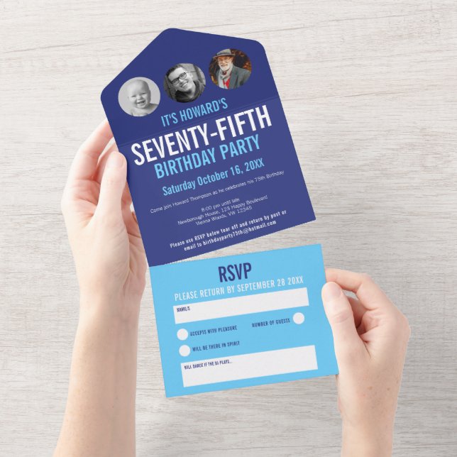 Invitation Tout En Un Cercles de photo bleu graphique 75e anniversaire (Déchirure)