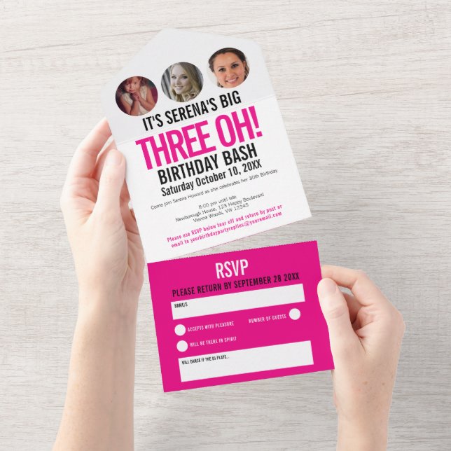 Invitation Tout En Un Cercles de photo rose graphique 30e anniversaire t (Déchirure)