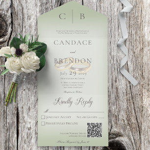 Invitation Tout En Un Cercles mariages Sage moderne Vert QR Code