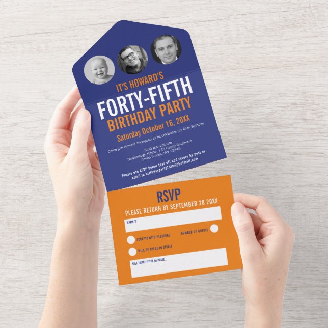 Invitation Tout En Un Cercles photo bleu orange graphique 45e anniversai (Déchirure)