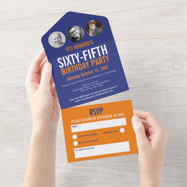 Invitation Tout En Un Cercles photo bleu orange graphique 65e anniversai (Déchirure)