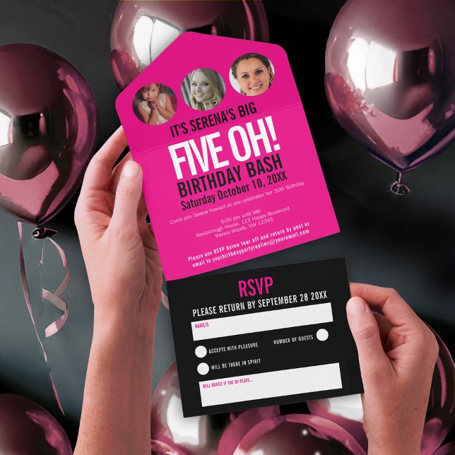 Invitation Tout En Un Cercles photo en noir rose graphique 50e anniversa (Créateur téléchargé)
