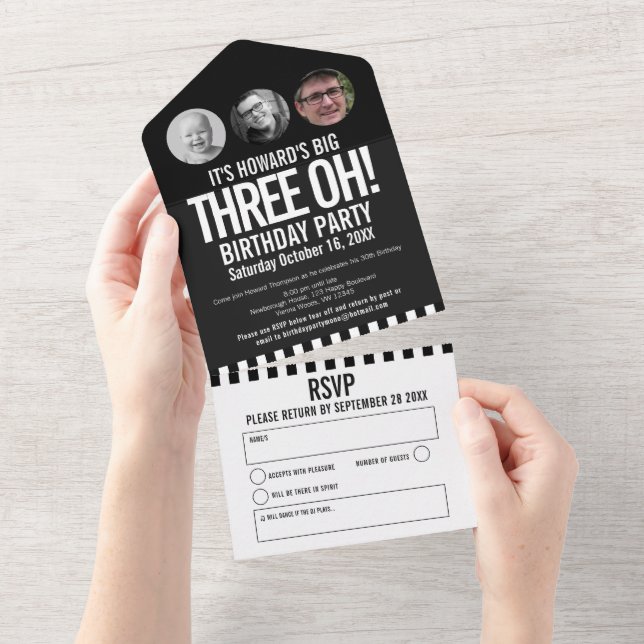 Invitation Tout En Un Cercles photo mono noir rayures 30e anniversaire  (Déchirure)