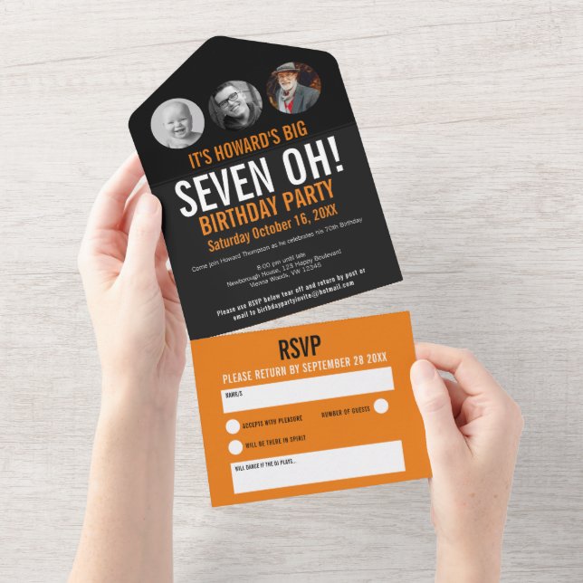 Invitation Tout En Un Cercles photo noir orange graphique 70e anniversai (Déchirure)